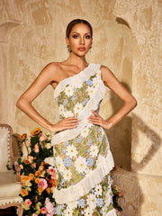 One Shoulder Flower Embroidered Maxi Dress