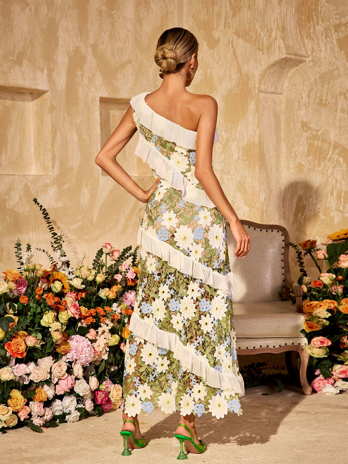 One Shoulder Flower Embroidered Maxi Dress