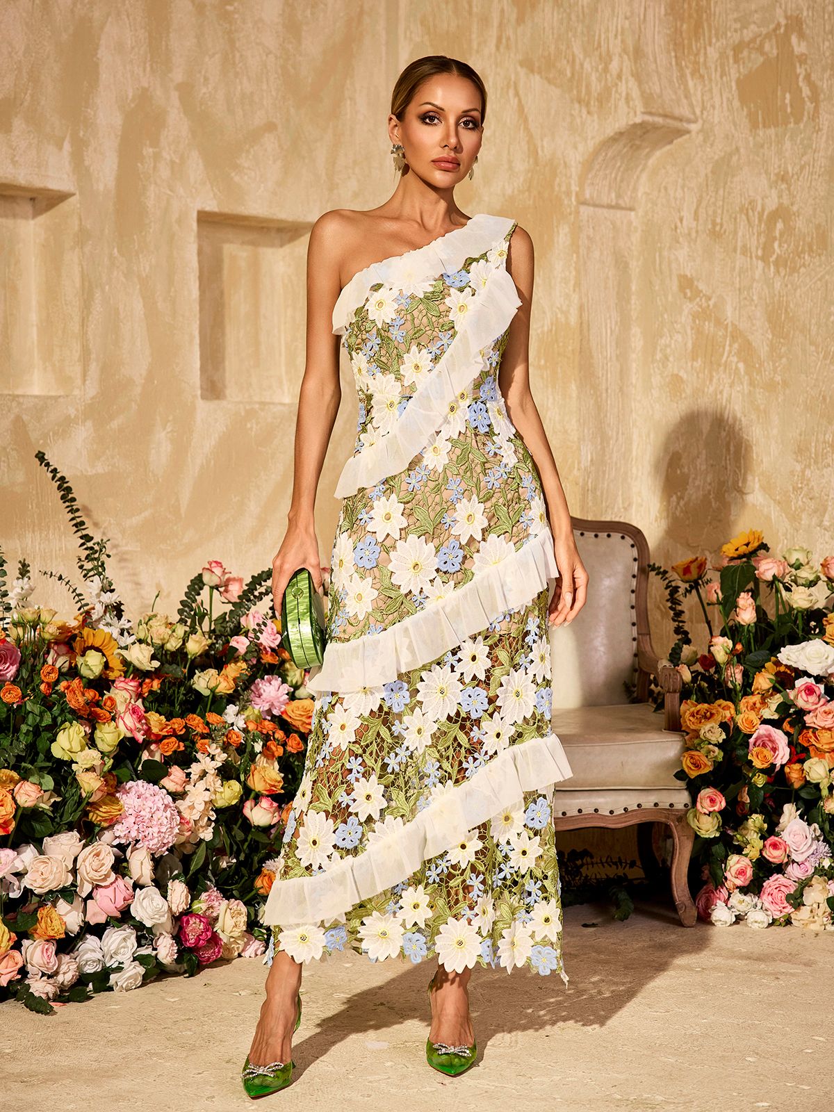 One Shoulder Flower Embroidered Maxi Dress