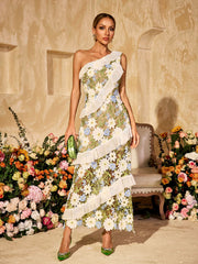 One Shoulder Flower Embroidered Maxi Dress