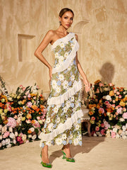 One Shoulder Flower Embroidered Maxi Dress