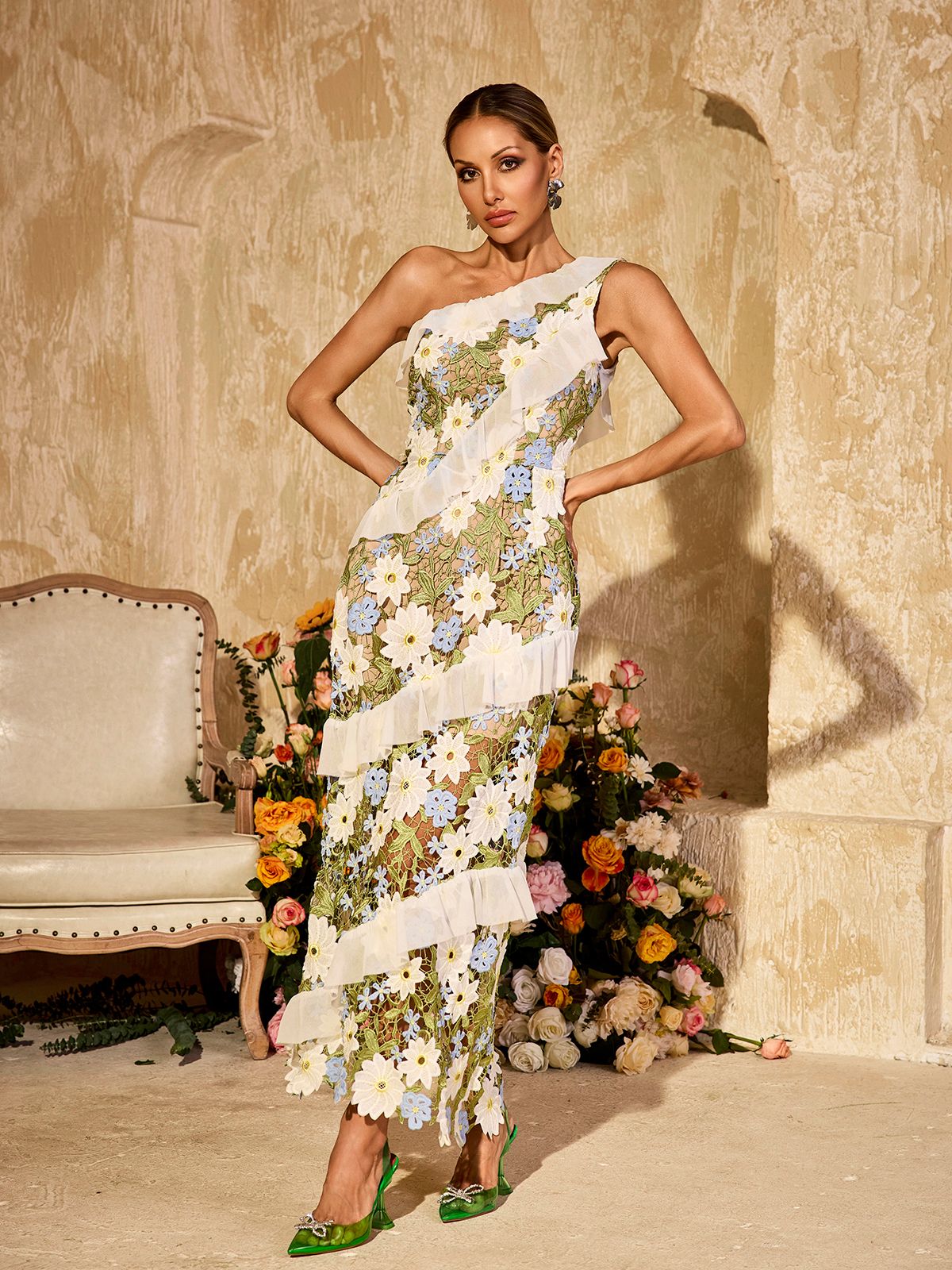 One Shoulder Flower Embroidered Maxi Dress
