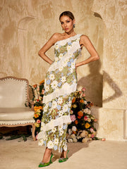 One Shoulder Flower Embroidered Maxi Dress