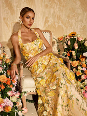 Halterneck Embroidered Flower Maxi Dress