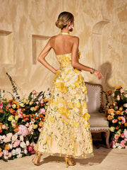 Halterneck Embroidered Flower Maxi Dress