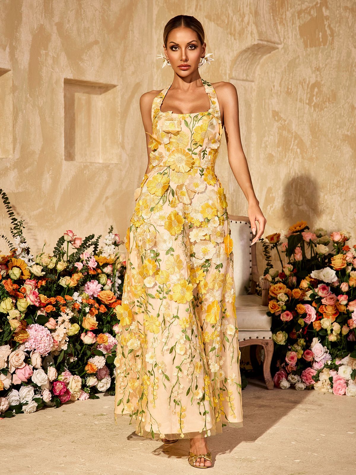 Halterneck Embroidered Flower Maxi Dress