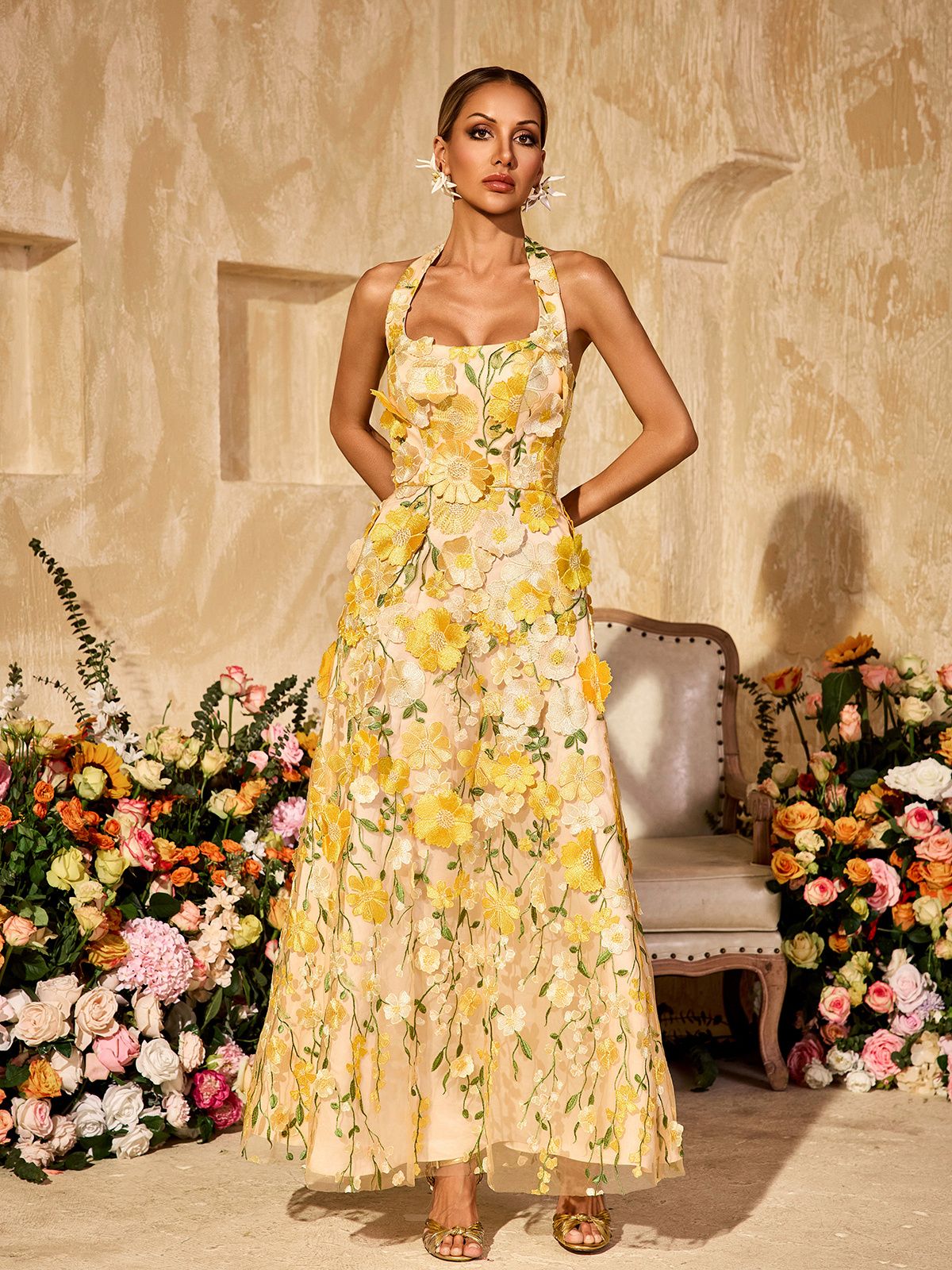 Halterneck Embroidered Flower Maxi Dress