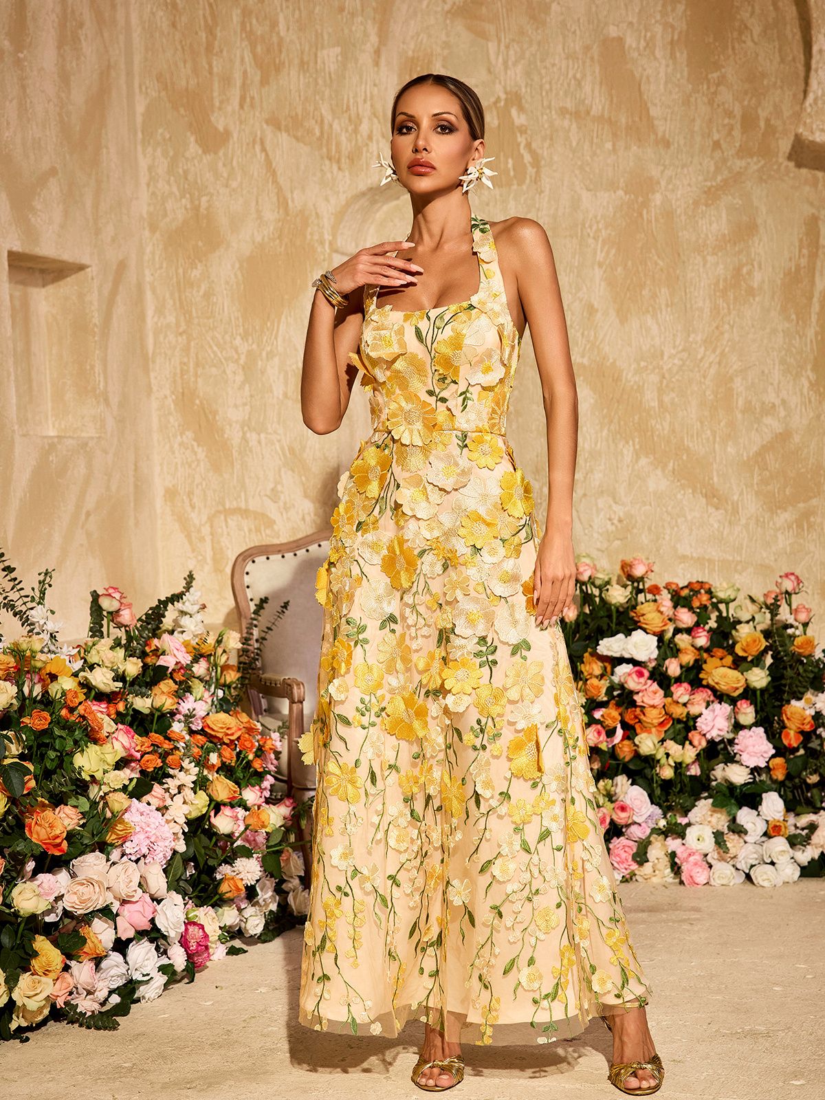 Halterneck Embroidered Flower Maxi Dress