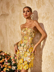 Strapless Embroidered Flower Mini Dress