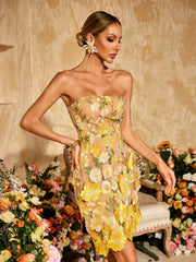 Strapless Embroidered Flower Mini Dress
