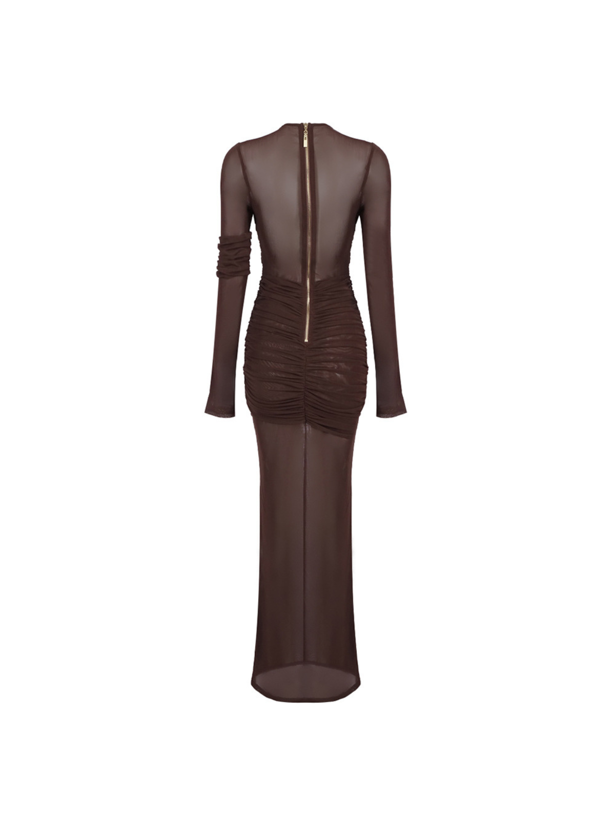 Robe longue maxi en maille froncée à manches longues couleur café 