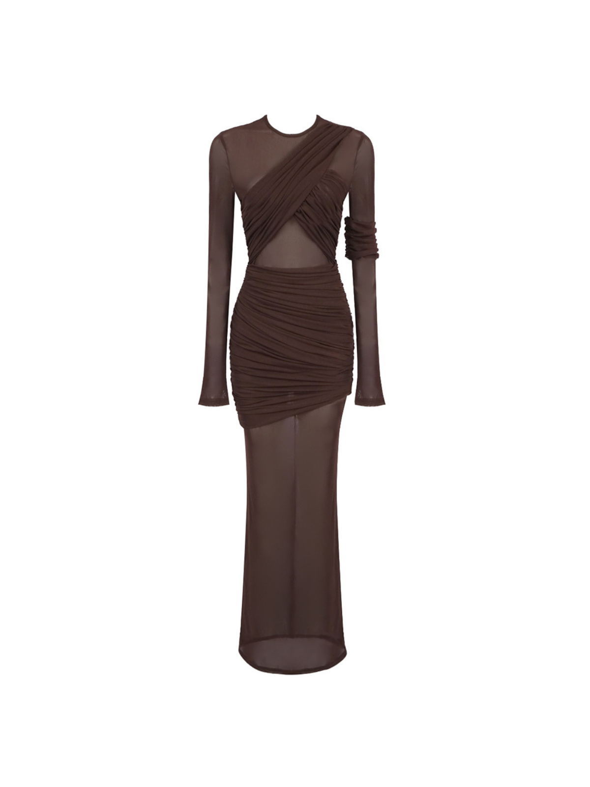 Robe longue maxi en maille froncée à manches longues couleur café 