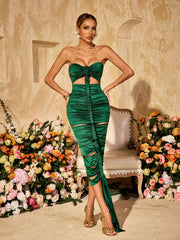 Robe midi bustier en satin drapé et ajouré 
