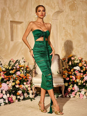 Robe midi bustier en satin drapé et ajouré 