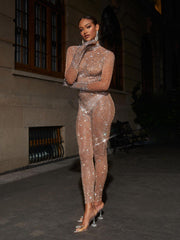 Combinaison en résille strass couleur nude foncé 