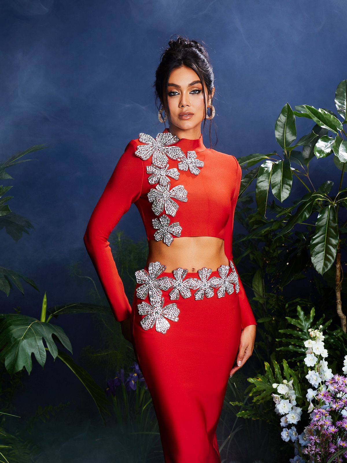 Long Sleeve Flower Bandage Skirt Set In Red