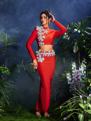 Long Sleeve Flower Bandage Skirt Set In Red