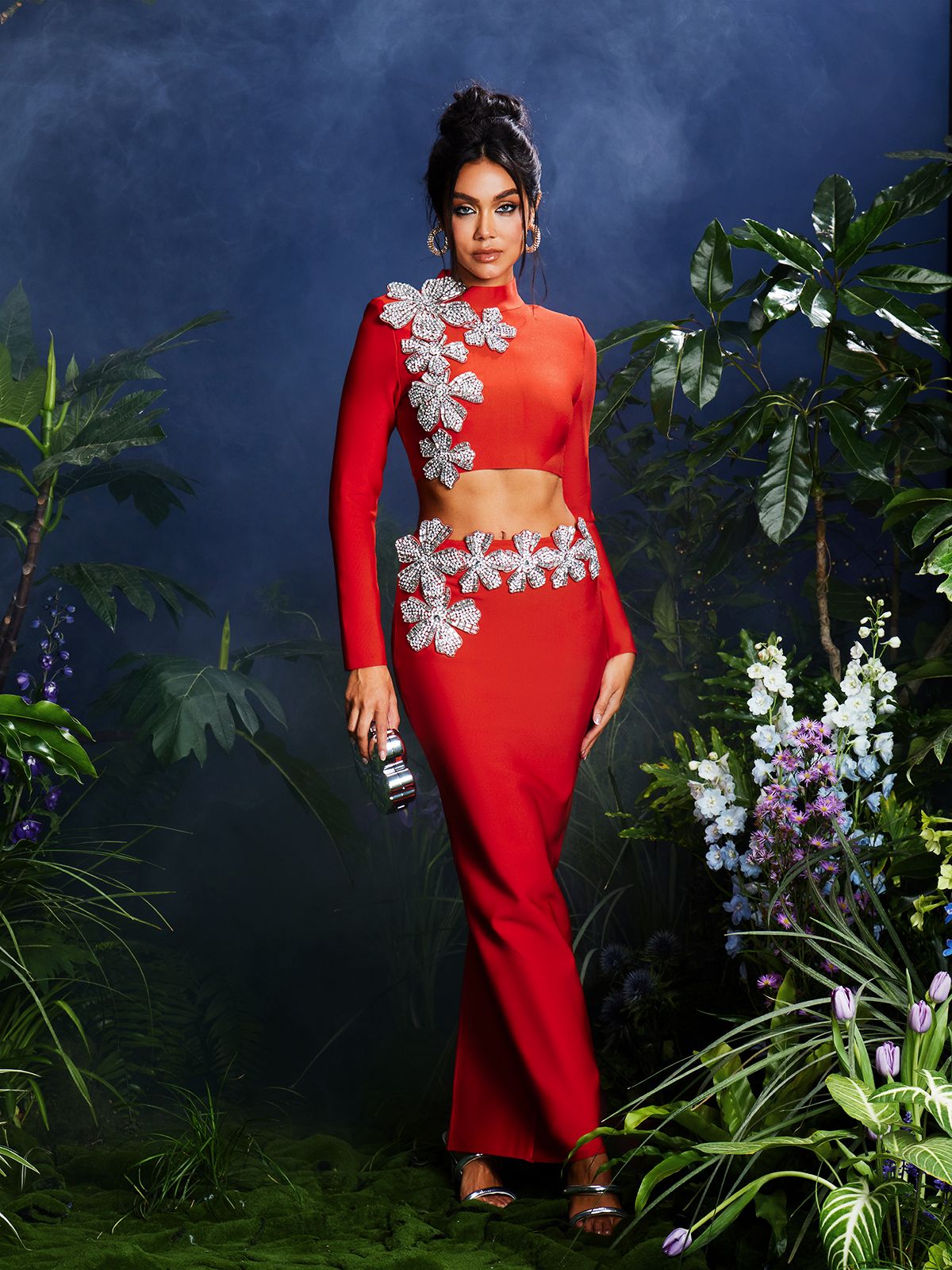 Long Sleeve Flower Bandage Skirt Set In Red