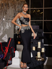 Strapless Flower Bandage Skirt Set In Black