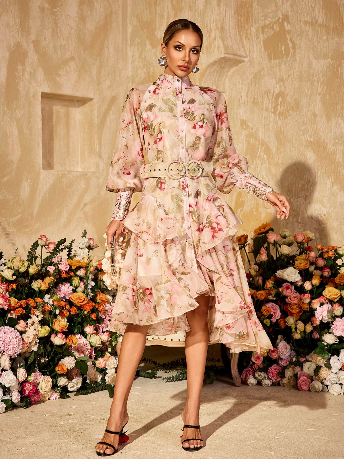 Robe midi imprimée à manches bouffantes 