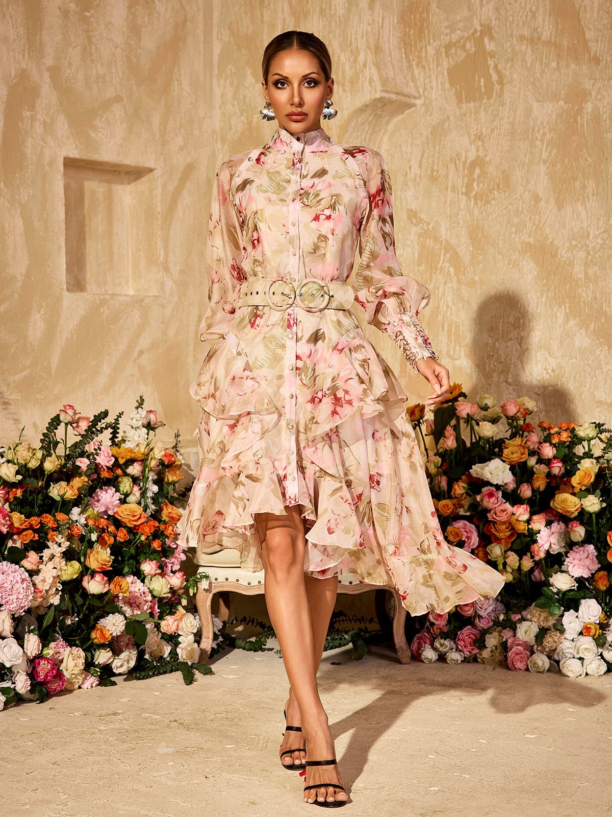Robe midi imprimée à manches bouffantes 