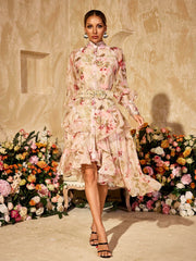 Robe midi imprimée à manches bouffantes 