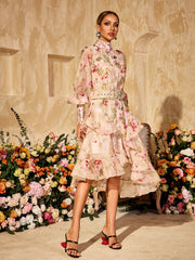 Robe midi imprimée à manches bouffantes 