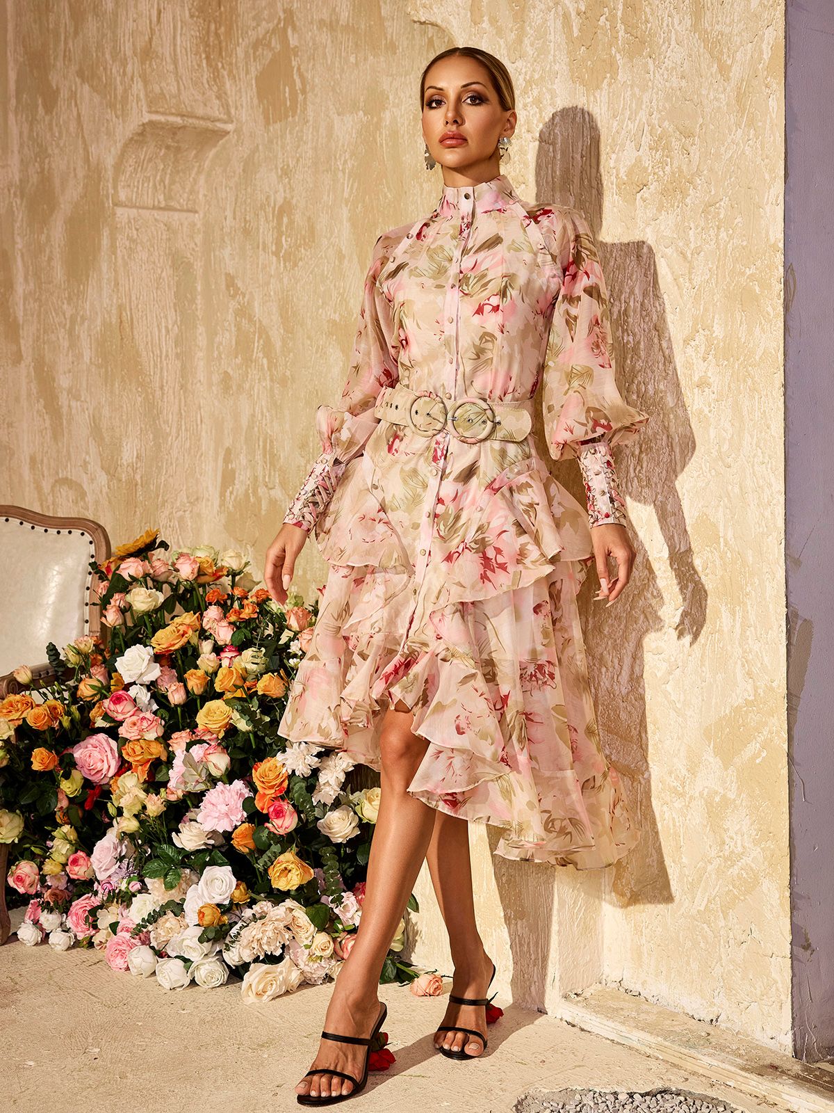 Robe midi imprimée à manches bouffantes 