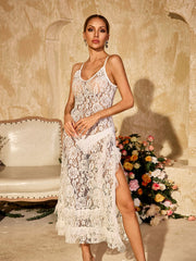 Robe midi à fines bretelles en dentelle florale 