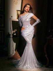 Robe longue argentée métallisée asymétrique à une épaule avec gants 