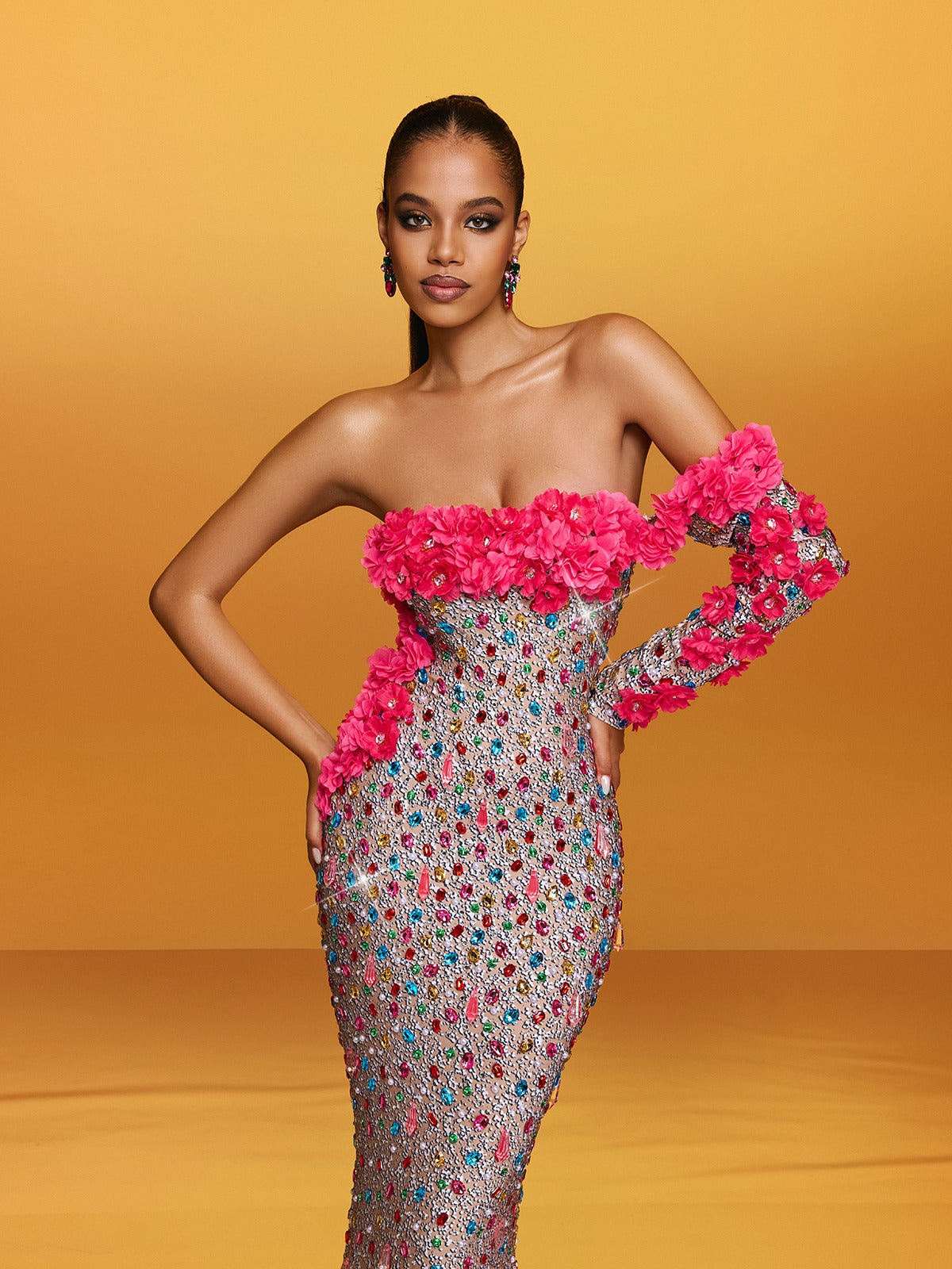 Off Shoulder Flower Crystal Maxi Dress