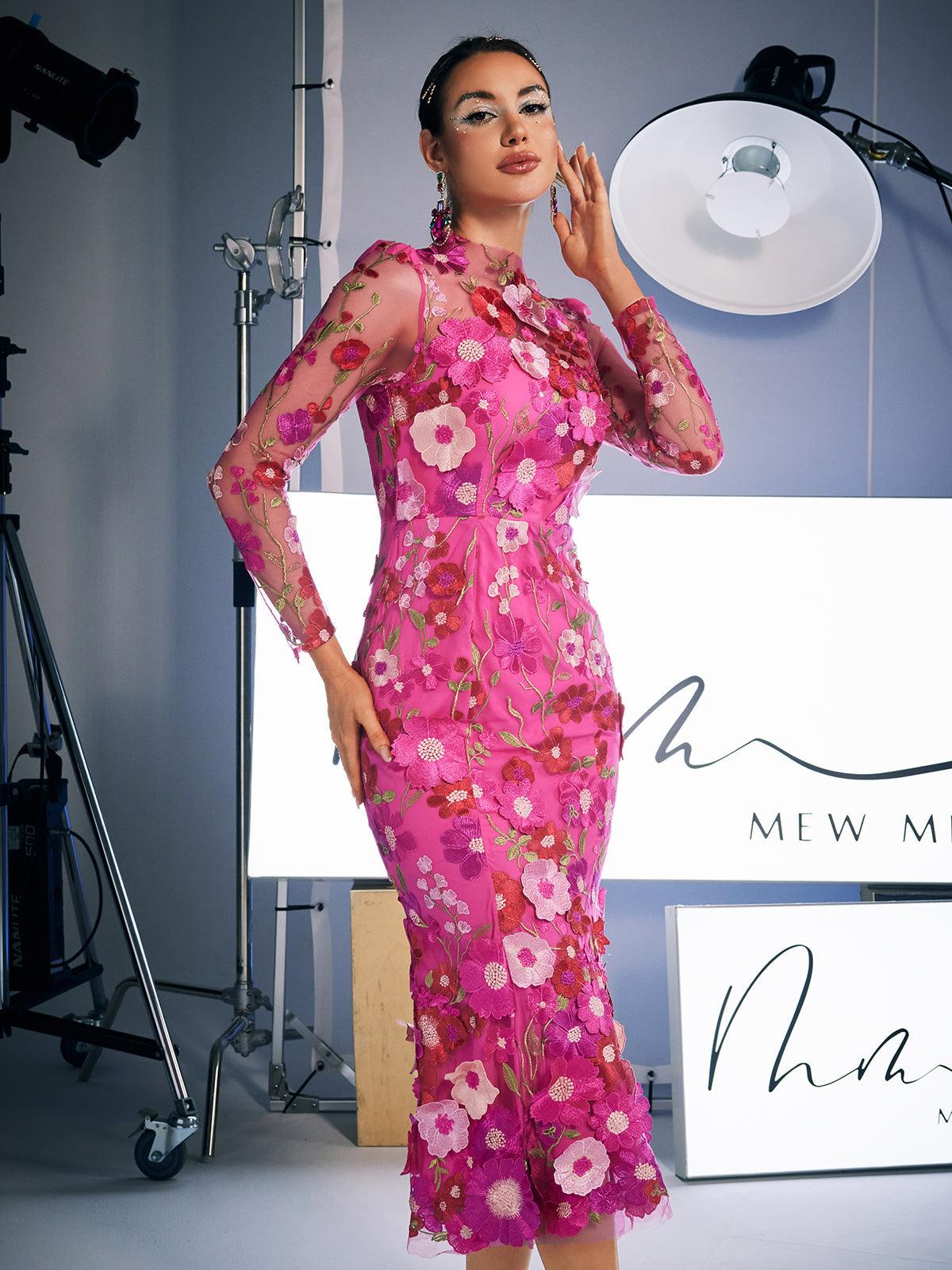Long Sleeve Embroidered Midi Dress In Hot Pink