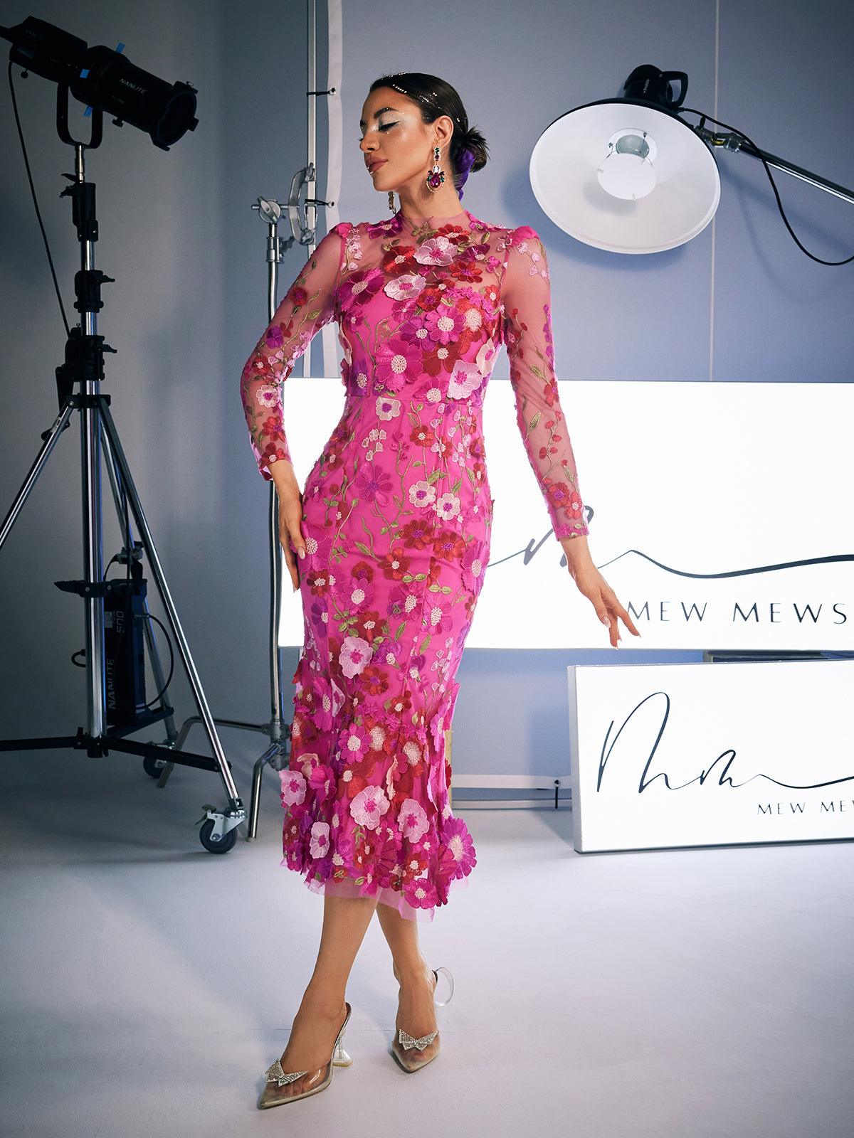 Long Sleeve Embroidered Midi Dress In Hot Pink