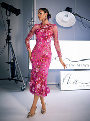 Long Sleeve Embroidered Midi Dress In Hot Pink