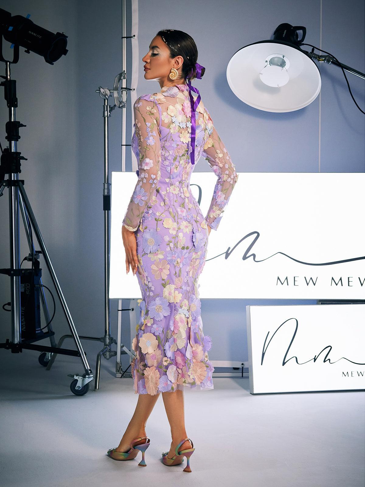 Long Sleeve Embroidered Midi Dress In Purple