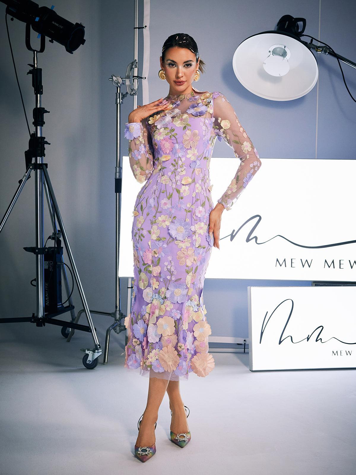 Long Sleeve Embroidered Midi Dress In Purple