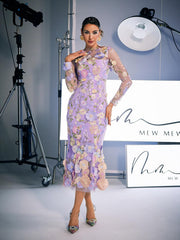 Long Sleeve Embroidered Midi Dress In Purple