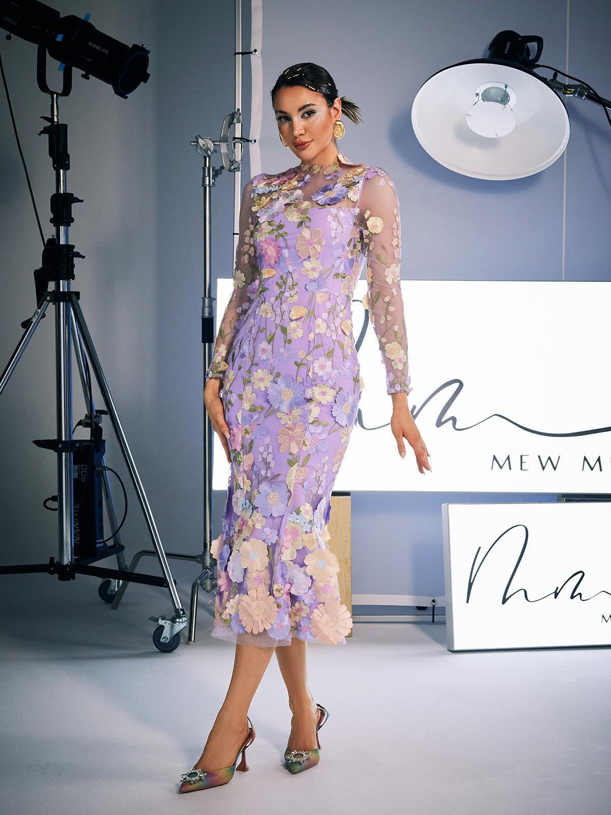 Long Sleeve Embroidered Midi Dress In Purple