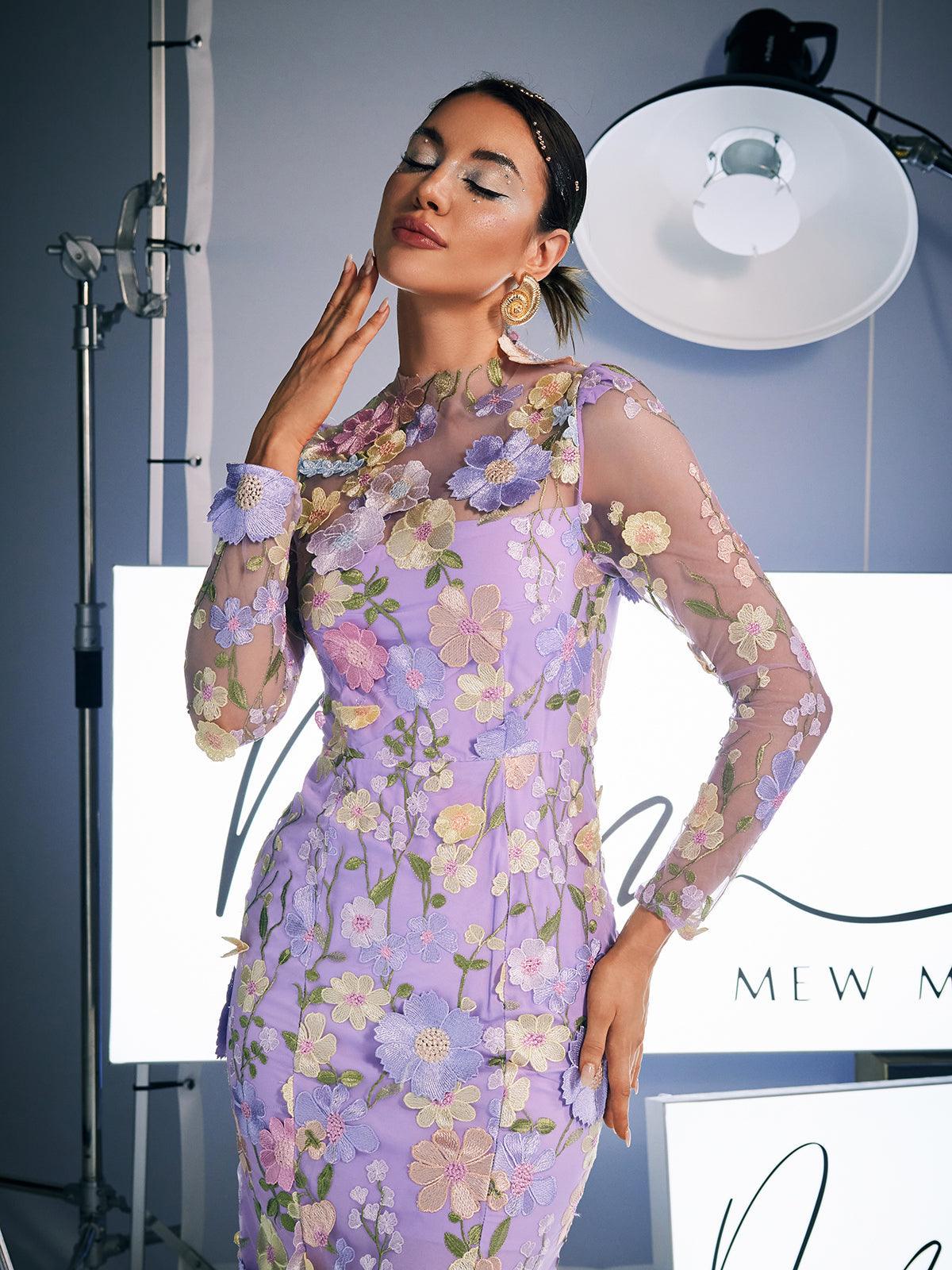 Long Sleeve Embroidered Midi Dress In Purple