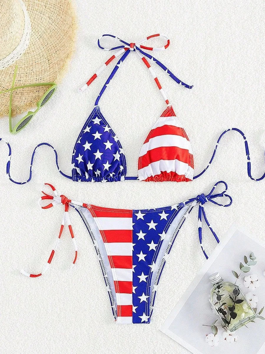 American Flag Print Micro Bikini Set Adjustable Patriotic Tie-Front Halter Two-Piece Swimsuit Swimming