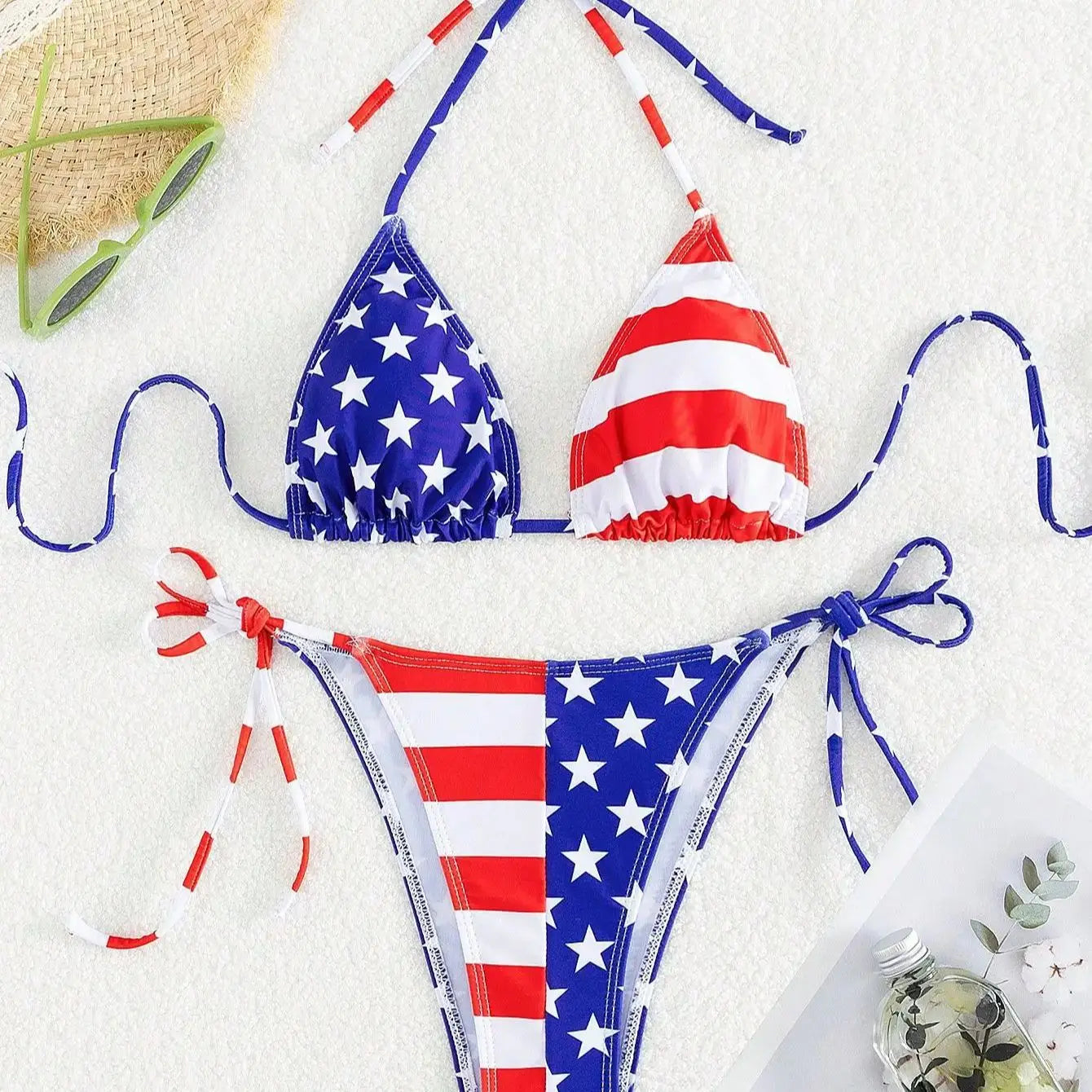 American Flag Print Micro Bikini Set Adjustable Patriotic Tie-Front Halter Two-Piece Swimsuit Swimming