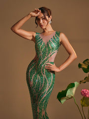 Robe maxi imprimée strass à col rond 