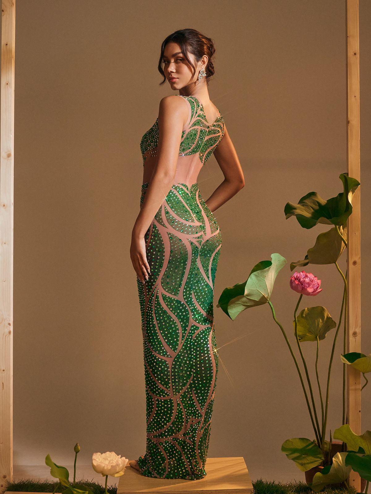 Robe maxi imprimée strass à col rond 