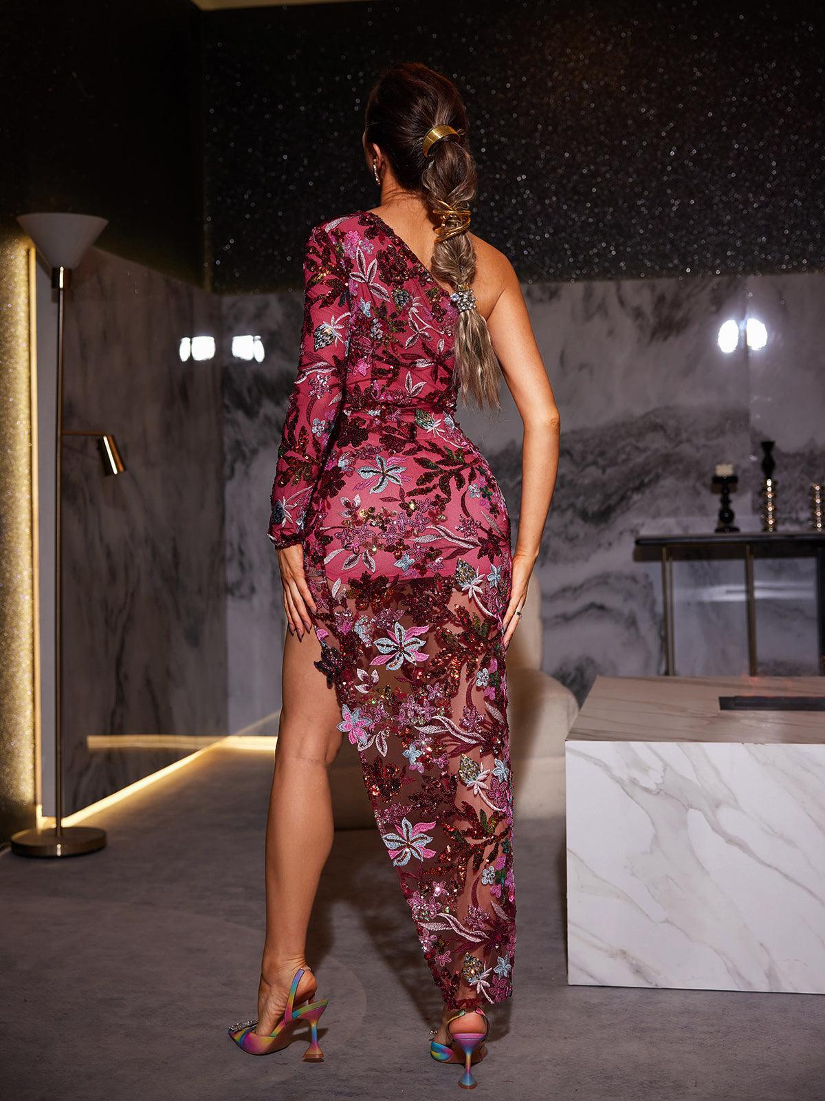 One Shoulder Flower Sequin Dress
