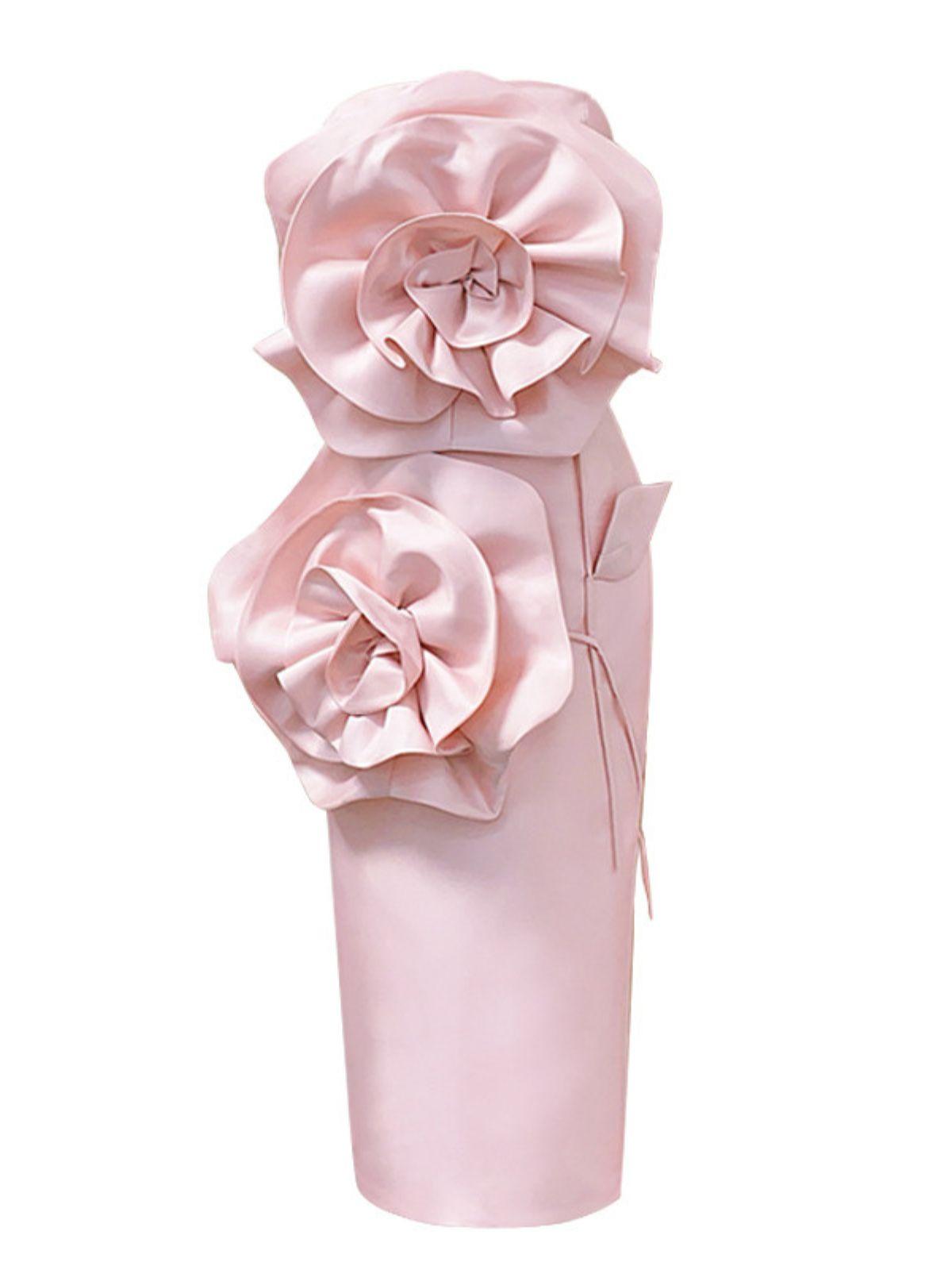 Strapless Flower Midi Dress In Blush