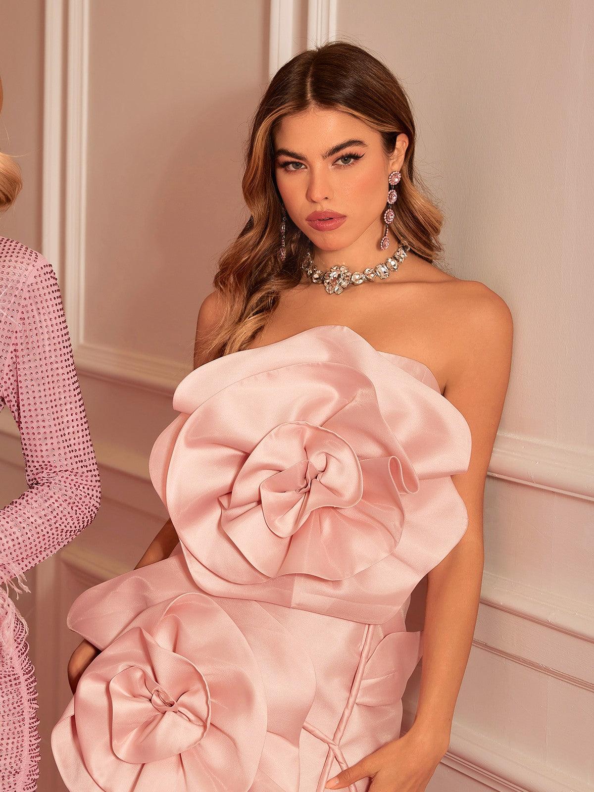 Strapless Flower Mini Dress In Blush