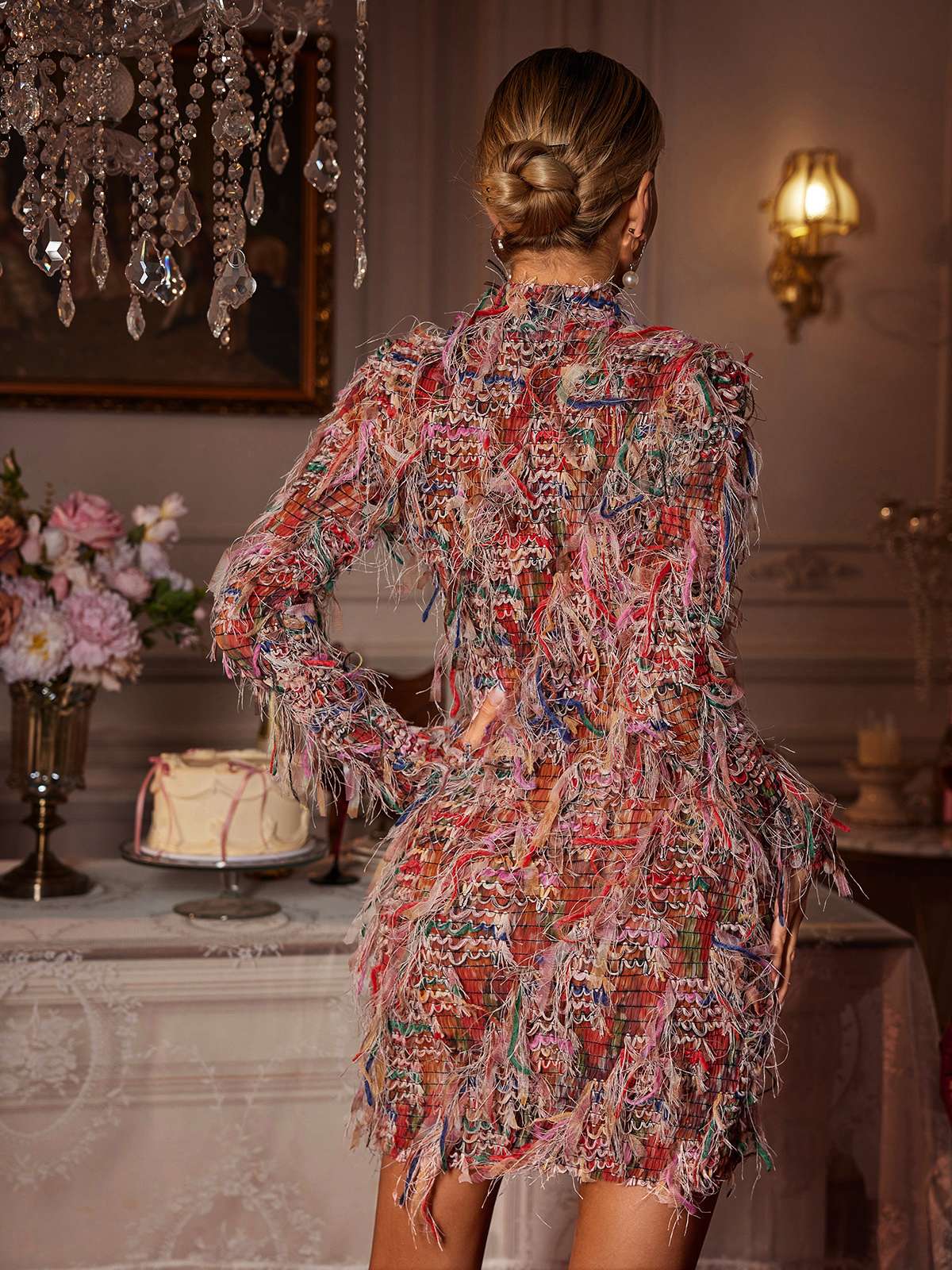 Robe courte à franges à manches longues 