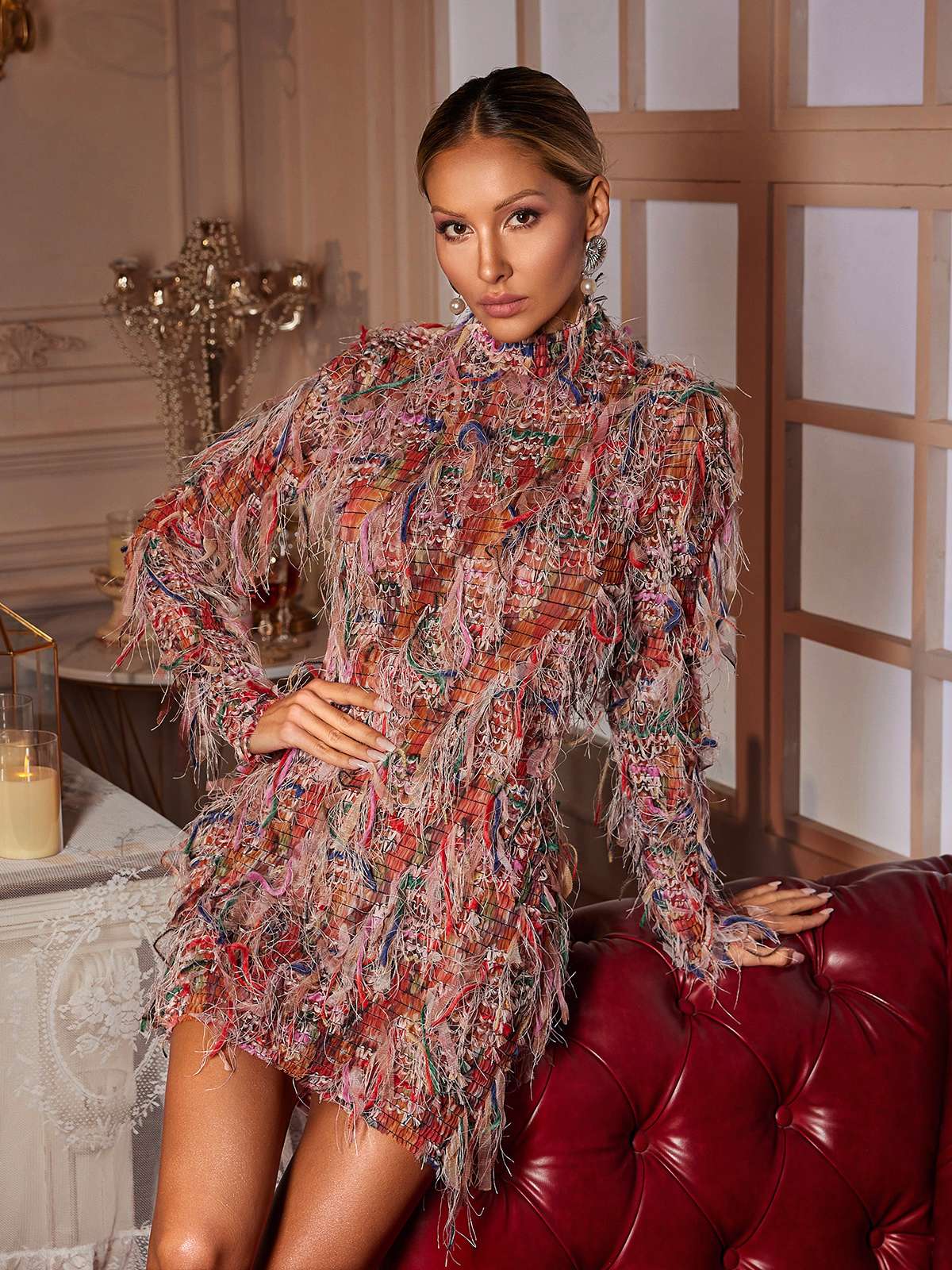 Robe courte à franges à manches longues 