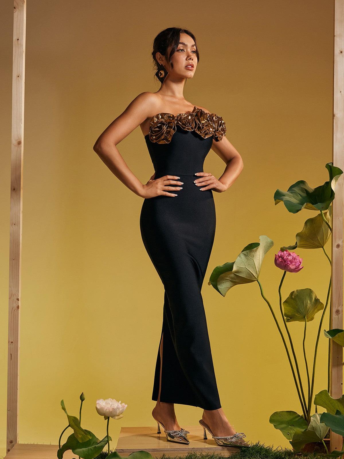 Robe longue asymétrique dorée à fleurs et bandage, ornée d'une épaule. 