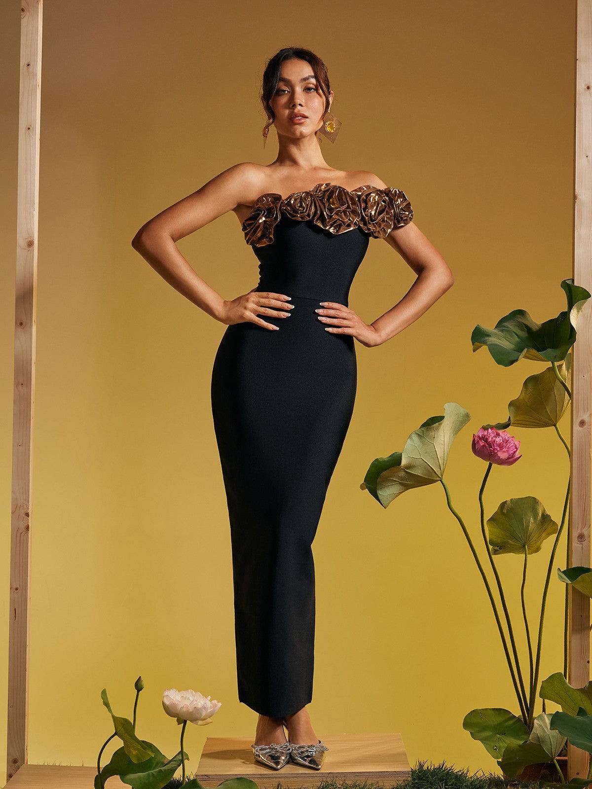 Robe longue asymétrique dorée à fleurs et bandage, ornée d'une épaule. 